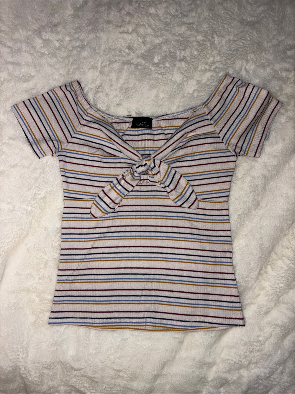 Rue21 White Multi-Stripe Tie-Front Crop Top